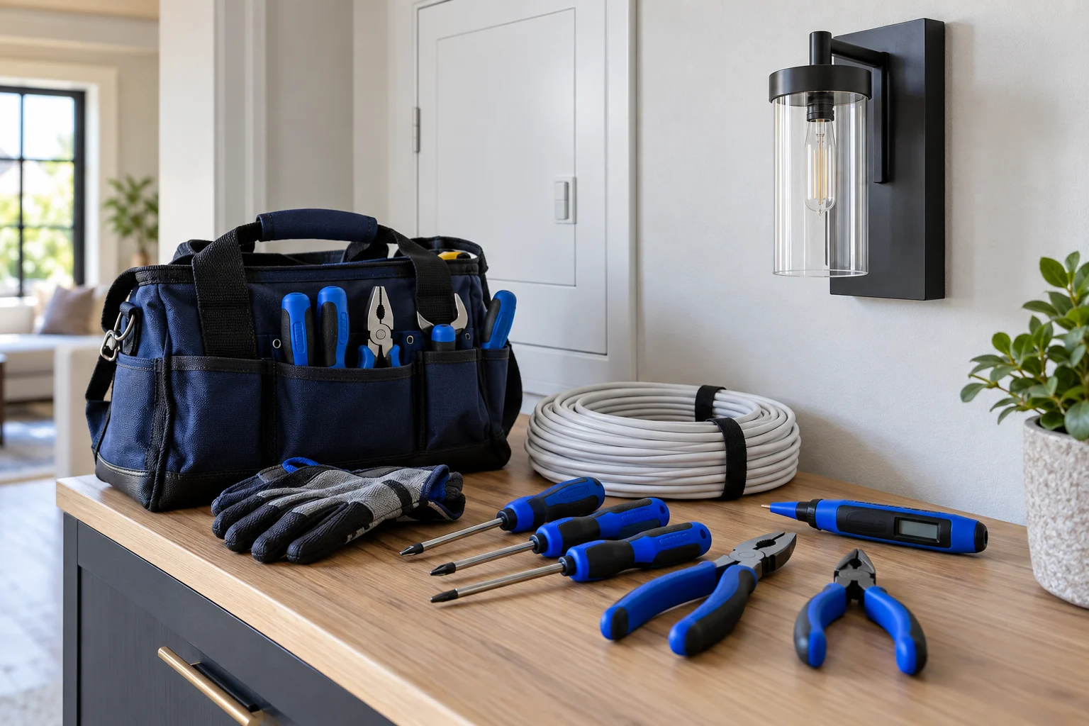 Illustrative blue-handled electrical tools beside a closed panel and wall light in a home.
