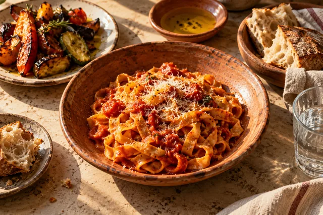 Illustrative pasta and warm restaurant table details.