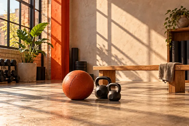 Illustrative movement studio, weights and sunlit floor.