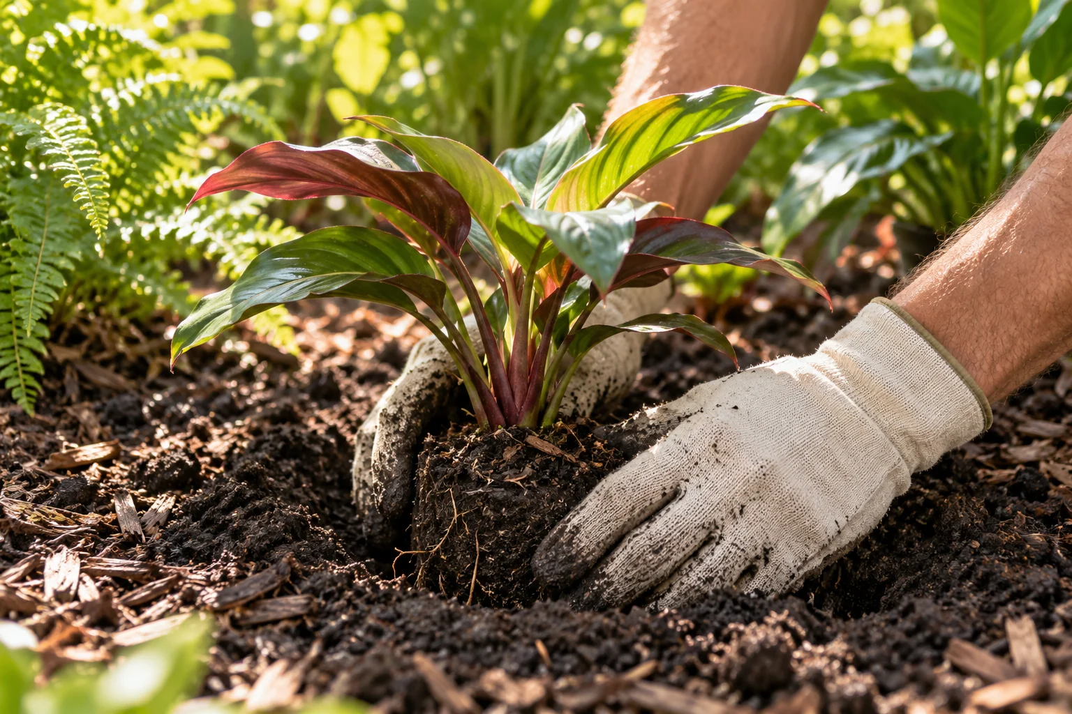 Illustrative close-up of gloved hands settling a tropical plant into dark soil.