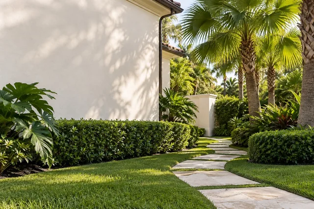 Illustrative palm garden and pale stone path.